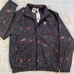 NWT Small Mens Grey with Pink Graphic Logo Design Adidas Windbreaker Jacket